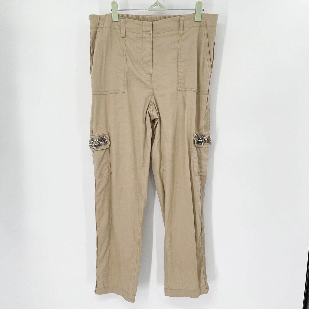 Chico's Linen Bling Rhinestones Crop Cargo Pants‎ Sz 6 Tan Pockets Elastic Waist